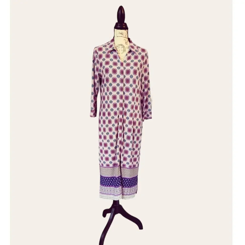 Chico's Floral Medallion Collared 3/4 Sleeve Button Front‎ Multicolor Dress Sz M